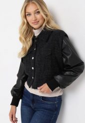 Czarna Krótka Kurtka Bomberka z Rękawami z Imitacji Skóry Meliara. Czarne kurtki damskie Born2be, l, z aplikacjami, z jeansu, bez kaptura. Za 169.99 zł.