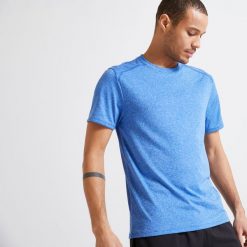 Koszulka fitness męska Domyos krótki rękaw. Brązowe buty sportowe męskie DOMYOS, m, bez wzorów, z materiału, bez kołnierzyka, bez ramiączek, na fitness i siłownię. Za 19.99 zł.