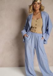 Niebieski Garniturowy Komplet Marynarka z Kieszeniami i Spodnie o Szerokim Kroju Tasvanis. Niebieskie spodnie materiałowe damskie Renee, bez wzorów, z koronki, eleganckie. Za 149.99 zł.