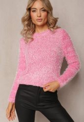 Różowy Sweter z Puchatego Gładkiej Materiału z Okrągłym Dekoltem i Długim Rękawem Klarrilo. Czerwone swetry damskie Renee, na jesień, bez wzorów, z elastanu, casualowe, bez kołnierzyka, bez ramiączek, długie, bez kaptura. Za 64.99 zł.