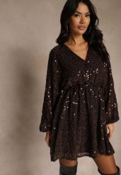 Brązowa Rozkloszowana Sukienka z Długimi Rękawami Zdobiona Cekinami Reisena. Brązowe sukienki damskie Renee, l, z aplikacjami, z poliesteru, eleganckie, bez kołnierzyka, bez ramiączek, mini, rozkloszowane. Za 159.99 zł.