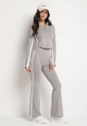 Jasnoszary Komplet Sportowy Rozpinana Bluza i Spodnie Typu Dzwony Lumoreina. Szare bluzy damskie Born2be, s, z aplikacjami, bez kaptura. Za 139.99 zł.