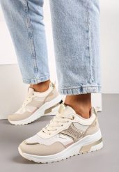 Beżowe Sneakersy ze Złotymi Wstawkami i Brokatem oraz Cyrkoniami Avanalis. Brązowe obuwie sportowe damskie Born2be, bez wzorów. Za 99.99 zł.