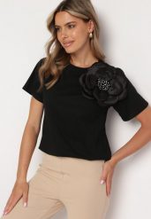 Czarny Bawełniany T-shirt z Krótkim Rękawem i Aplikacją w Kształcie Kwiatu z Cyrkoniami Dimantee. Czarne bluzki damskie Born2be, z aplikacjami, z bawełny, klasyczne, bez kołnierzyka. Za 74.99 zł.