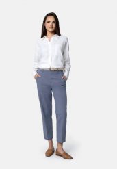 Materiałowe spodnie z kantem R-LAVI. Niebieskie spodnie materiałowe damskie Volcano, m, bez wzorów, z bawełny. Za 169.99 zł.