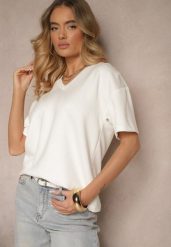 Biały T-shirt z Dekoltem w Serek Fonellea. Białe bluzki damskie Renee, l, bez wzorów, z jeansu, bez kołnierzyka. Za 39.99 zł.