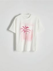 T-shirt oversize z nadrukiem - biały. Białe t-shirty damskie Reserved, l, bez wzorów, z bawełny, bez kołnierzyka. W wyprzedaży za 35.99 zł.