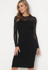 Czarna Dopasowana Sukienka Dzianinowa Midi z Siateczkową Wstawką Lemicja. Czarne sukienki damskie Born2be, na imprezę, s, bez wzorów, z dzianiny, bez kołnierzyka, bez ramiączek, midi, dopasowane. Za 79.99 zł.