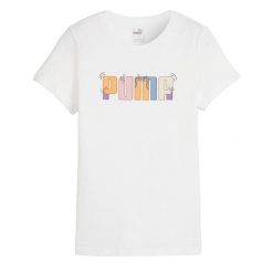 Koszulka damska PUMA ESS+ Graphic Tee. Białe koszulki sportowe damskie Puma, xs, bez wzorów, z bawełny, bez kołnierzyka, bez ramiączek, na fitness i siłownię. Za 68.99 zł.
