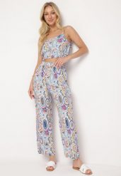 Niebieski Boho Komplet z Wiskozy Top na Ramiączkach z Gumką Szerokie Spodnie Palazzo Lereri. Niebieskie spodnie materiałowe damskie Born2be, m, bez wzorów, ze skóry. Za 79.99 zł.