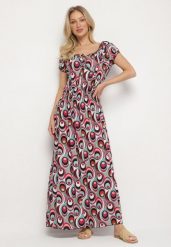 Jasnozielona Sukienka z Geometrycznym Wzorem i Hiszpańskim Dekoltem Tosile. Zielone sukienki damskie Born2be, na co dzień, na lato, l, bez wzorów, eleganckie, bez kołnierzyka, bez ramiączek, maxi. Za 49.99 zł.