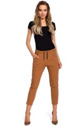 Kamelowe Dresowe Spodnie 7/8 z Lampasem. Brązowe spodnie dresowe damskie MOE, l, bez wzorów, z bawełny. Za 267.90 zł.