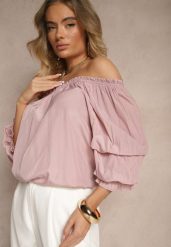 Różowa Bluzka z Wiskozą Ozdobiona Falbanami Melzivia. Czerwone bluzki damskie Renee, na lato, bez wzorów, z wiskozy, eleganckie, bez kołnierzyka, bez ramiączek. Za 44.99 zł.