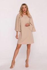 Elegancka sukienka trapezowa z bufiastymi rękawami beżowa. Brązowe sukienki dla dziewczynek Stylove, bez wzorów, z elastanu, biznesowe, bez ramiączek. Za 289.00 zł.