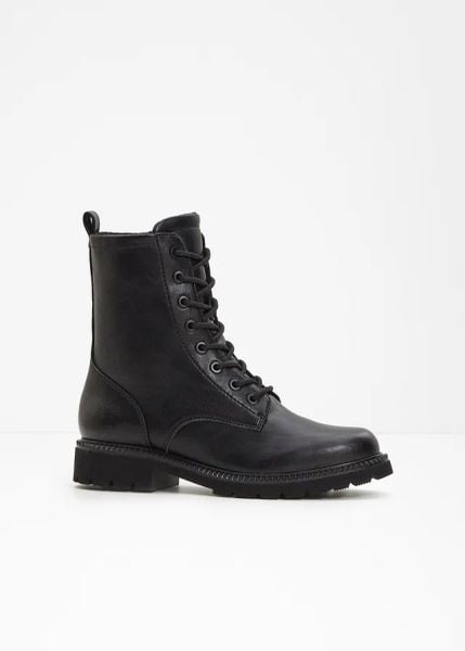 Botki sznurowane Tamaris. Czarne botki damskie bonprix, eleganckie, bez obcasa, bez zapięcia. Za 269.99 zł.
