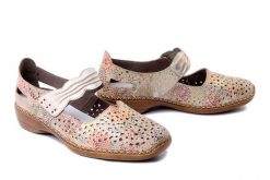 RIEKER 41399-92 multi, półbuty damskie. Żółte półbuty damskie Rieker, na lato, bez wzorów, bez obcasa, na koturnie, bez zapięcia. Za 319.90 zł.