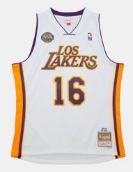 Koszulka NBA Los Angeles Lakers Pau Gasol 2008. Białe koszulki sportowe męskie Mitchell & Ness, m, z aplikacjami, z materiału, bez kołnierzyka, bez ramiączek, na fitness i siłownię. Za 557.60 zł.