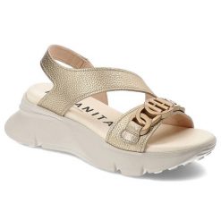 Złote Sandały Hispanitas Eleganckie Buty Damskie. Żółte klapki damskie Hispanitas, z aplikacjami, bez obcasa, bez zapięcia. Za 429.00 zł.