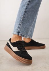 Czarne Zamszowe Sneakersy w Stylu Klasycznych Tenisówek ze Skórzaną Wkładką Riosera. Czarne obuwie sportowe damskie Born2be, bez wzorów, z jeansu, tenisowe. Za 179.99 zł.