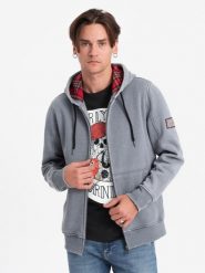 Washowana bluza męska rozpinana z kapturem - jasnoniebieska V3 - Rozmiar: S. Niebieskie bluzy męskie Ombre Clothing, m, z aplikacjami, z bawełny, z kapturem. W wyprzedaży za 69.99 zł.