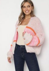 Różowy Niezapinany Kardigan z Domieszką Wełny w Paski Argulia. Czerwone kardigany damskie Born2be, uniwersalny, bez wzorów, z jeansu, eleganckie. Za 139.99 zł.