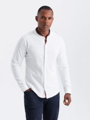 Męska koszula bawełniana SLIM FIT ze stójką w kolorowe paski – biała V1. Białe koszule męskie Ombre Clothing, m, bez wzorów, z bawełny, casualowe, bez kołnierzyka, bez ramiączek. W wyprzedaży za 109.99 zł.