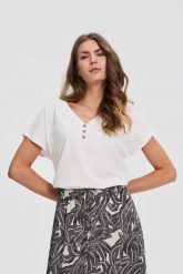 Bluzka z bawełny biała. Białe bluzki damskie MOODO, m, bez wzorów, z bawełny, bez kołnierzyka, bez ramiączek. Za 49.99 zł.