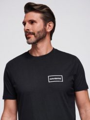 Koszulka męska dzianinowa z nadrukiem o kroju REGULAR - czarna V2 - Rozmiar: XL. Czarne koszulki polo męskie Ombre Clothing, m, bez wzorów, z bawełny, klasyczne, bez ramiączek. W wyprzedaży za 82.49 zł.