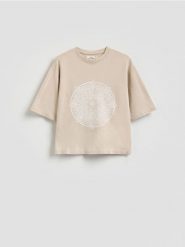 Bawełniany t-shirt z nadrukiem - beżowy. Brązowe t-shirty damskie Reserved, l, bez wzorów, z bawełny, bez kołnierzyka. Za 59.99 zł.
