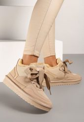 Ciemnobeżowe Zimowe Sneakersy Vices Stylizowane na Śniegowce z Futerkiem Tennira. Brązowe obuwie sportowe damskie Renee, z jeansu. Za 99.99 zł.