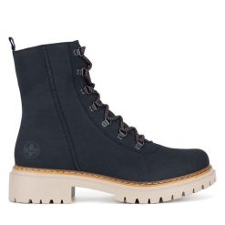 Botki Rieker. Niebieskie botki damskie Rieker, bez obcasa, na płaskiej podeszwie, bez zapięcia. Za 265.99 zł.