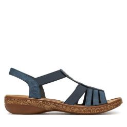Sandały Rieker. Niebieskie sandały damskie Rieker, bez wzorów, bez obcasa, na płaskiej podeszwie, bez zapięcia. Za 299.99 zł.