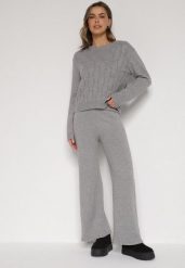 Szary Komplet z Wełną i Bawełną Sweter ze Splotem i Szerokie Spodnie Reinettia. Szare spodnie materiałowe damskie Born2be, bez wzorów, z bawełny. Za 124.99 zł.
