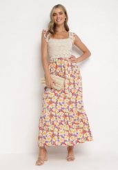 Żółto-Czerwona Rozkloszowana Sukienka Maxi z Wiskozy w Kwiatowy Print Jamiliana. Żółte sukienki damskie Born2be, m, bez wzorów, z wiskozy, bez kołnierzyka, bez ramiączek, maxi, rozkloszowane. Za 89.99 zł.