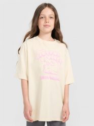 4F T-shirt oversize z nadrukiem dziewczęcy - beżowy 128 (7-8 lat). Brązowe t-shirty i topy dla dziewczynek 4f, bez wzorów, z bawełny, bez ramiączek. W wyprzedaży za 29.99 zł.