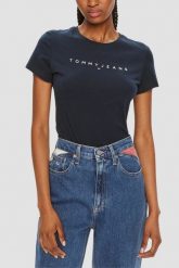 TOMMY JEANS Granatowy damski t-shirt, Rozmiar M. Niebieskie t-shirty damskie Tommy Jeans, m, bez wzorów, z jeansu, bez kołnierzyka. W wyprzedaży za 119.99 zł.
