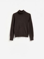 Sweter z wełny merino z dodatkiem kaszmiru - ciemnobrązowy. Brązowe swetry damskie Reserved, l, bez wzorów, z kaszmiru, bez kołnierzyka, bez ramiączek, bez kaptura. Za 299.99 zł.