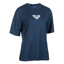 Koszulka UV surfingowa damska Roxy Logo krótki rękaw. Niebieskie koszulki sportowe damskie Roxy, s, bez wzorów, z elastanu, bez kołnierzyka, bez ramiączek, narciarskie. Za 119.99 zł.