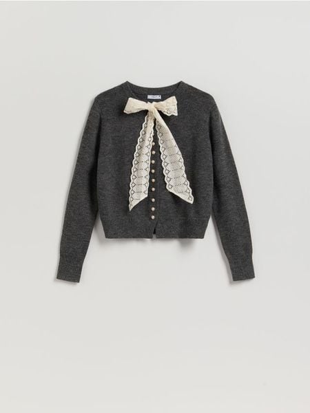 Kardigan z wiązaniem - ciemnoszary. Szare kardigany damskie Reserved, l, bez wzorów, z dzianiny. Za 139.99 zł.