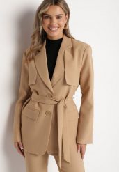 Beżowa Jednorzędowa Marynarka z Kieszeniami i Wiązanym Paskiem Inellora. Brązowe żakiety damskie Born2be, l, bez wzorów, z jeansu, eleganckie. Za 229.99 zł.