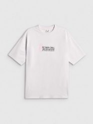 4F T-shirt loose z nadrukiem damski - biały L. Białe t-shirty damskie 4f, l, bez wzorów, z bawełny, klasyczne, bez kołnierzyka. Za 79.99 zł.