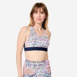 Stanik sportowy Decathlon. Niebieskie bluzy sportowe damskie DOMYOS, s, bez wzorów, z elastanu, bez kaptura, na jogę i pilates. W wyprzedaży za 49.99 zł.