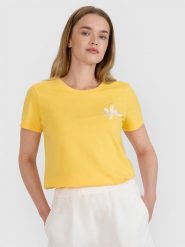 4F T-shirt regular z nadrukiem damski - żółty M. Żółte koszulki sportowe damskie 4f, m, z aplikacjami, z bawełny, eleganckie, bez kołnierzyka. W wyprzedaży za 39.99 zł.