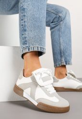 Biało-Szare Sneakersy w Stylu Tenisówek z Szerokim Językiem Alarila. Białe obuwie sportowe damskie Renee, z aplikacjami, tenisowe. Za 79.99 zł.