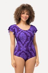 Damski Kostium kąpielowy ornamenty falbanki na ramionach miękkie miseczki. Fioletowe kostiumy jednoczęściowe damskie Ulla Popken, plus size, bez wzorów, z elastanu, eleganckie, plus size, do pływania. Za 191.99 zł.