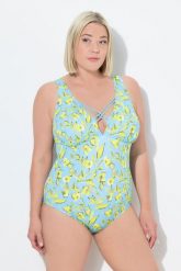 Damski Strój kąpielowy kwiaty miękkie miseczki ozdobne tasiemki. Niebieskie kostiumy jednoczęściowe damskie Ulla Popken, plus size, bez wzorów, z elastanu, plus size, do pływania. Za 191.99 zł.