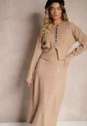 Ciemnobeżowy Komplet z Dzianiny z Wełną Kardigan z Guzikami i Spódnica z Gumką w Talii Melzina. Brązowe kardigany damskie Renee, bez wzorów, z dzianiny, eleganckie, dopasowane. Za 139.99 zł.
