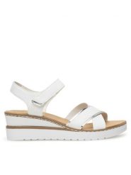 Rieker Sandały V38G9-80 Biały. Białe klapki damskie Rieker, bez wzorów, z syntetyku, bez obcasa, na koturnie, bez zapięcia. Za 289.99 zł.