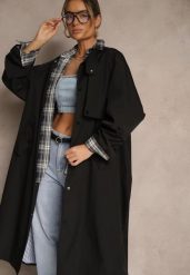 Czarny Płaszcz w Stylu Trencza Vintage z Asymetryczną Zakładką i Paskiem Davivellea. Czarne płaszcze damskie Renee, m, bez wzorów, z jeansu, eleganckie, bez kaptura. Za 169.99 zł.