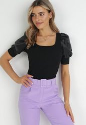 Czarna Bluzka z Prążkowanej Dzianiny z Bufiastymi Rękawami Maffa. Czarne bluzki damskie Born2be, bez wzorów, z dzianiny, eleganckie, bez kołnierzyka, bez ramiączek. Za 44.99 zł.